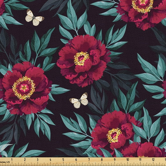 Ambesonne Floral Boho Fabric by the Yard Upholstery, Blooming Scene Artwork, 2 Yards, Raspberry Pale Seafoam
