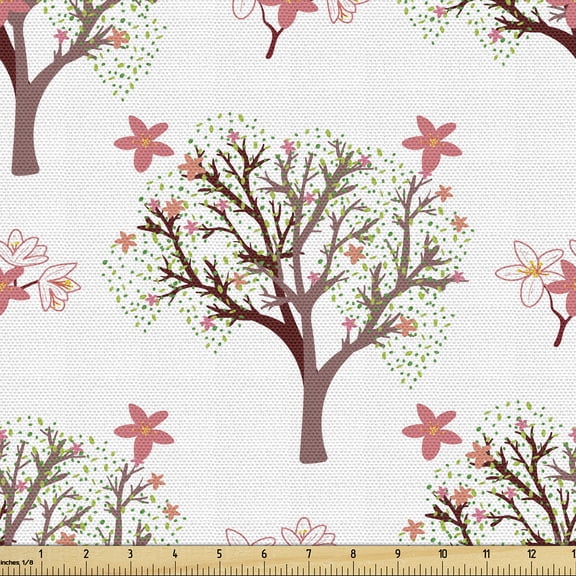 Ambesonne Floral Boho Fabric by the Yard Upholstery, Flowers Trees Pattern, 1 Yard, Pastel Pink and Dried Rose