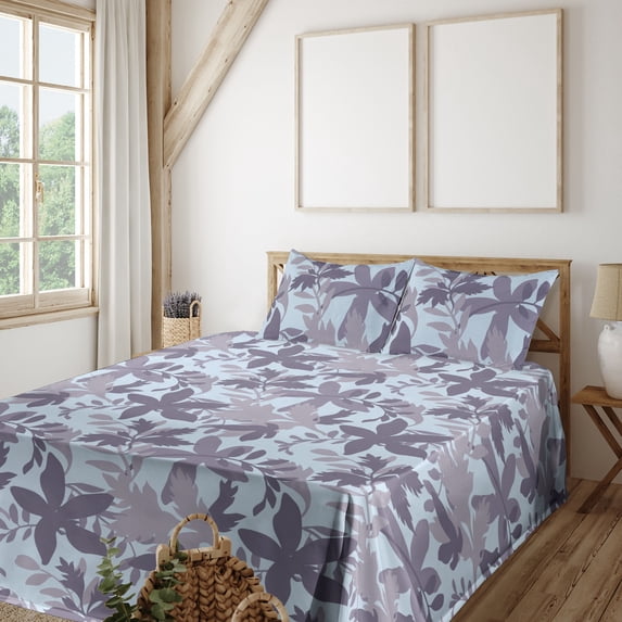 Ambesonne Floral Boho Fitted & Flat Sheet with Sham 3 Pcs Set, Art of Simple Flowers, Twin XL, Dark Indigo Pale Blue