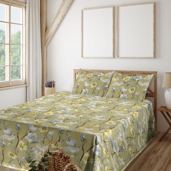 Ambesonne Floral Boho Fitted & Flat Sheet with Sham 3 Pcs Set, Japanese Spring Floral, Twin, Pale Green Off White