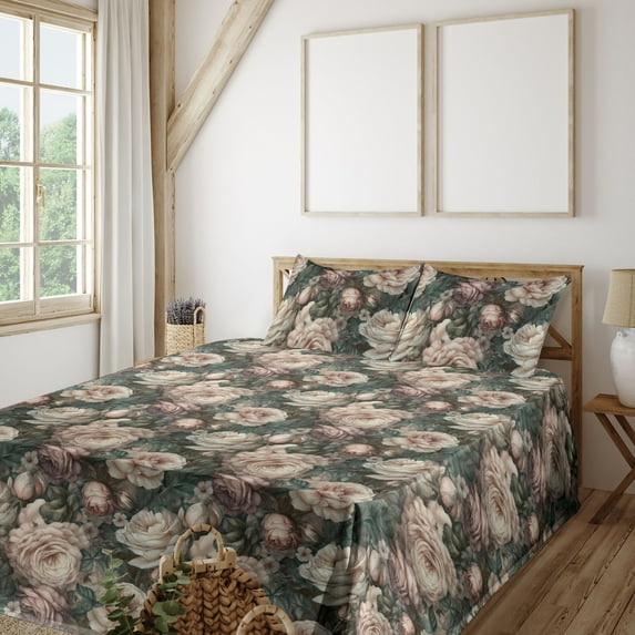 Ambesonne Floral Boho Fitted & Flat Sheet with Sham 3 Pcs Set, Melancholic Flowers Art, Twin, Pale Peach Jade Green