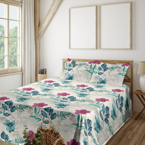 Ambesonne Floral Boho Fitted & Flat Sheet with Sham 3 Pcs Set, Vintage Hibiscus Print, Twin XL, Eggshell Magenta Seafoam