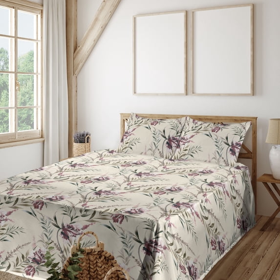 Ambesonne Floral Boho Fitted & Flat Sheet with Sham 3 Pcs Set, Vintage Palette Leaves, Twin, Eggshell Dried Rose