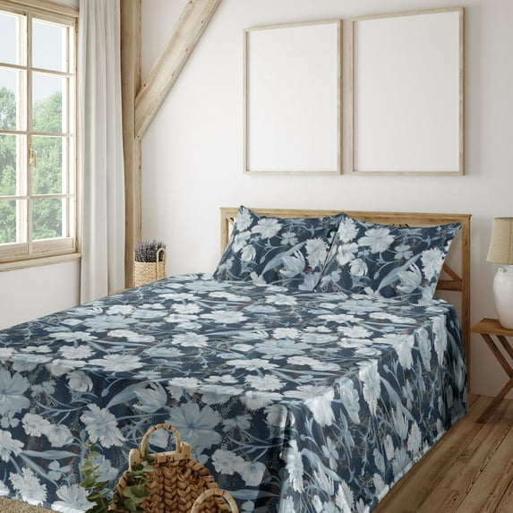 Ambesonne Floral Boho Fitted & Flat Sheet with Sham 3 Pcs Set, Vintage Retro Petals, Twin XL, Slate Blue Soft Blue