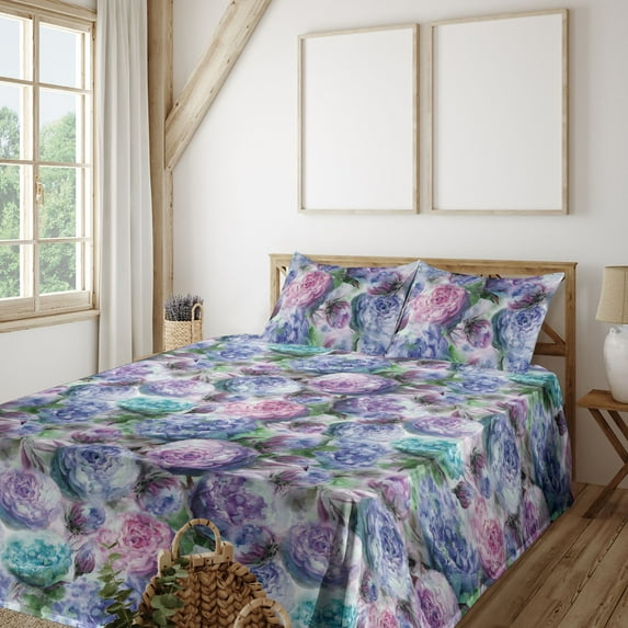 Ambesonne Floral Boho Fitted & Flat Sheet with Sham 3 Pcs Set, Watercolor Blooms Art, Twin XL, Lavender Blue Pale Lilac