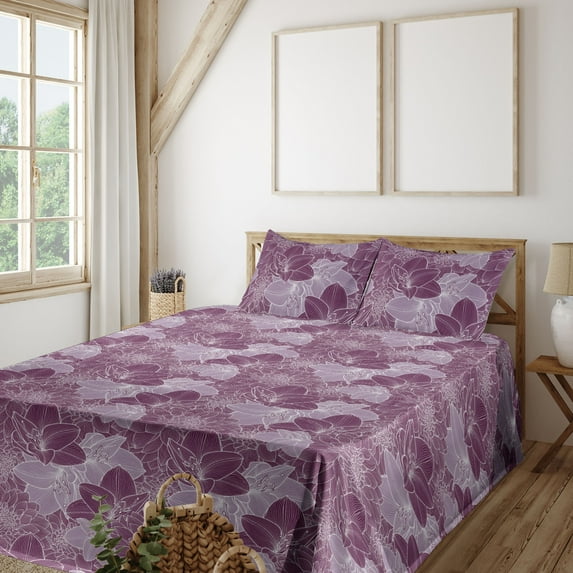Ambesonne Floral Boho Fitted & Flat Sheet with Shams 4 Pcs Set, Dahlias and Amaryllis, Calking, Eggplant Pale Lilac White