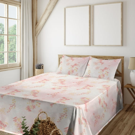 Ambesonne Floral Boho Fitted & Flat Sheet with Shams 4 Pcs Set, Dreamy Flowers Romance, Full, Pale Pink Coral White