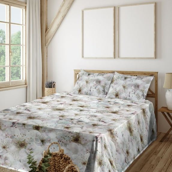 Ambesonne Floral Boho Fitted & Flat Sheet with Shams 4 Pcs Set, Dreamy Garden Scene, Queen, Green Brown Pale Eggshell