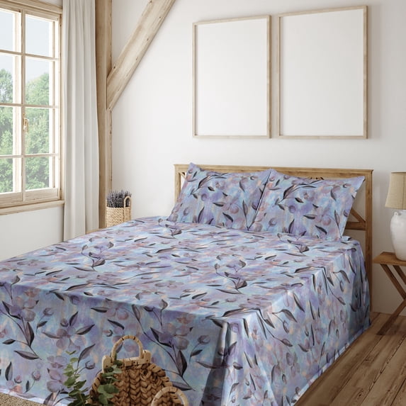 Ambesonne Floral Boho Fitted & Flat Sheet with Shams 4 Pcs Set, Flowers Pattern Spring, Queen, Pale Ceil Blue and Lavender