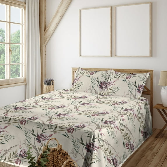 Ambesonne Floral Boho Fitted & Flat Sheet with Shams 4 Pcs Set, Vintage Palette Leaves, King, Eggshell Dried Rose