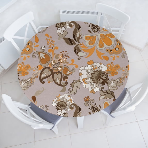 Ambesonne Floral Boho Fitted Round Tablecloth, Flowers Vintage Paisley, 36"- 40" Diameter, Purple Grey and Amber