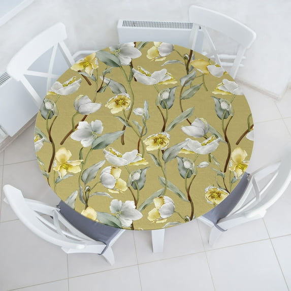 Ambesonne Floral Boho Fitted Round Tablecloth, Japanese Spring Floral, 56"- 60" Diameter, Pale Green Off White