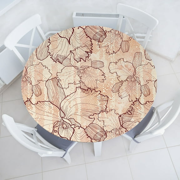 Ambesonne Floral Boho Fitted Round Tablecloth, Retro Lilac Flowers Art, 56"- 60" Diameter, Champagne Burnt Sienna