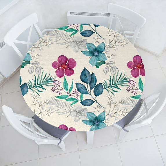 Ambesonne Floral Boho Fitted Round Tablecloth, Vintage Hibiscus Print, 56"- 60" Diameter, Eggshell Magenta Seafoam