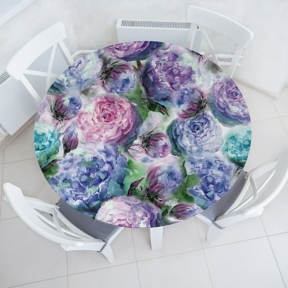 Ambesonne Floral Boho Fitted Round Tablecloth, Watercolor Blooms Art, 45"- 56" Diameter, Lavender Blue Pale Lilac
