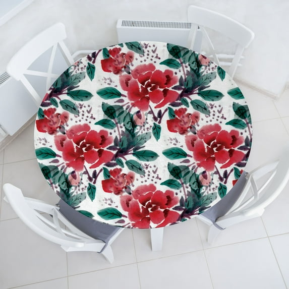 Ambesonne Floral Boho Fitted Round Tablecloth, Watercolor Flowers Rose, 56"- 60" Diameter, Dark Coral and Forest Green