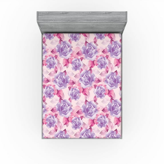 Ambesonne Floral Boho Fitted Sheet, Chill 90s Blooming Rose, Full Size, Magenta Blue Violet Blush