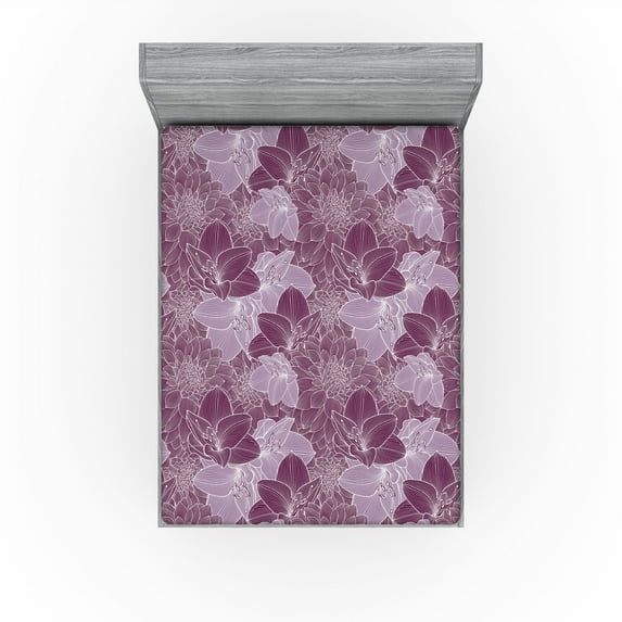 Ambesonne Floral Boho Fitted Sheet, Dahlias and Amaryllis, California King, Eggplant Pale Lilac White