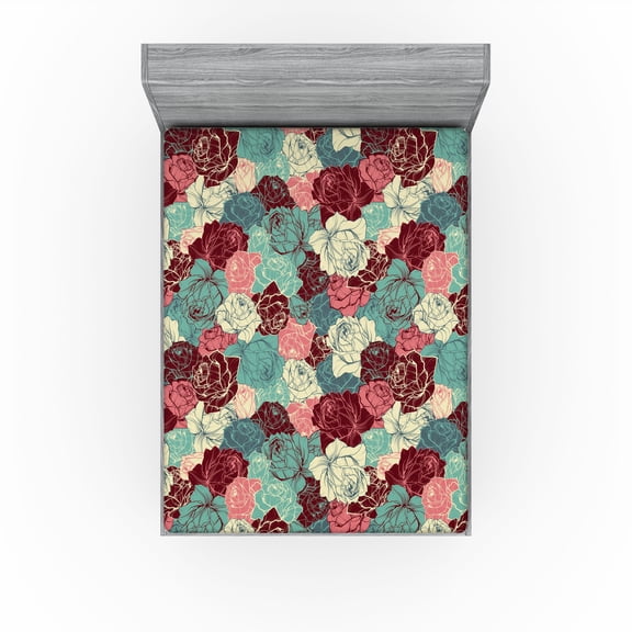 Ambesonne Floral Boho Fitted Sheet, Delicate Botany Flowers, Full Size, Pastel Pink Sea Green