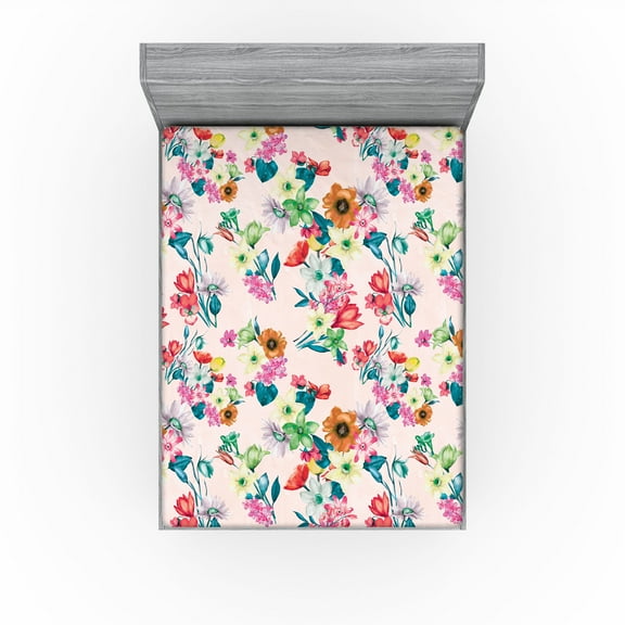 Ambesonne Floral Boho Fitted Sheet, Delicate Flowers Dreamy, Full Size, Blush Multicolor