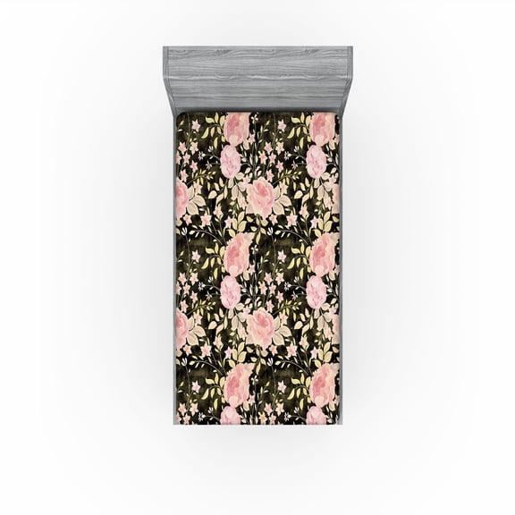 Ambesonne Floral Boho Fitted Sheet, Dreamy Flower Scene Art, Twin Size, Pastel Pink Avocado Green