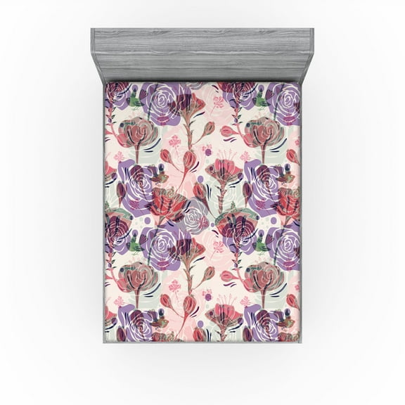 Ambesonne Floral Boho Fitted Sheet, Dreamy Garden Flowers, California King, Pale Pink Dark Coral