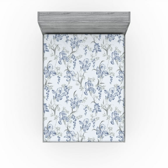 Ambesonne Floral Boho Fitted Sheet, Garden Scene Romance, California King, Pale Ceil Blue Pale Grey