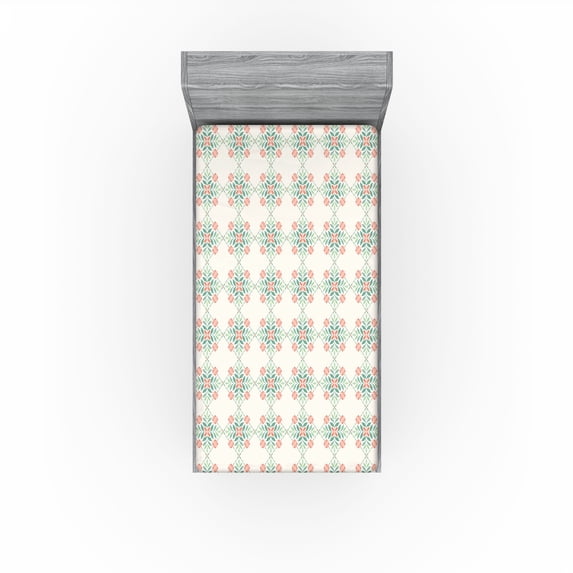 Ambesonne Floral Boho Fitted Sheet, Geometric Flowers Print, Twin XL Size, Coconut Pale Teal Coral