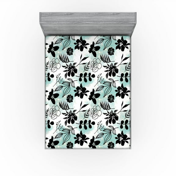 Ambesonne Floral Boho Fitted Sheet, Hibiscus and Rose Print, King Size, Charcoal Grey White
