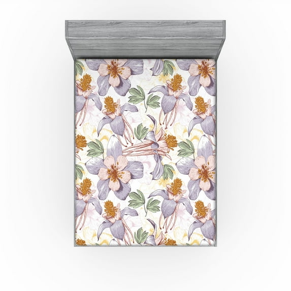 Ambesonne Floral Boho Fitted Sheet, Japan Feels Flowers, King Size, Ceil Blue Pale Rose White