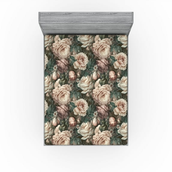Ambesonne Floral Boho Fitted Sheet, Melancholic Flowers Art, California King, Pale Peach Jade Green