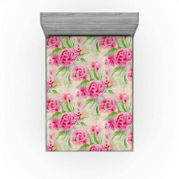 Ambesonne Floral Boho Fitted Sheet, Simple Blooming Roses, Full Size, Fern Green Hot Pink