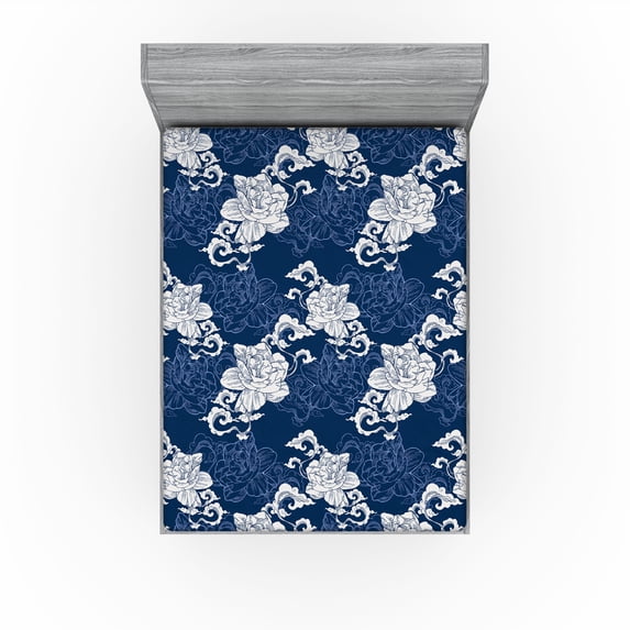 Ambesonne Floral Boho Fitted Sheet, Simple Jasmine Print, King Size, Dark Indigo Eggshell
