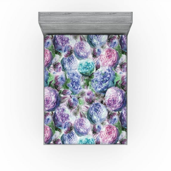 Ambesonne Floral Boho Fitted Sheet, Watercolor Blooms Art, Full Size, Lavender Blue Pale Lilac