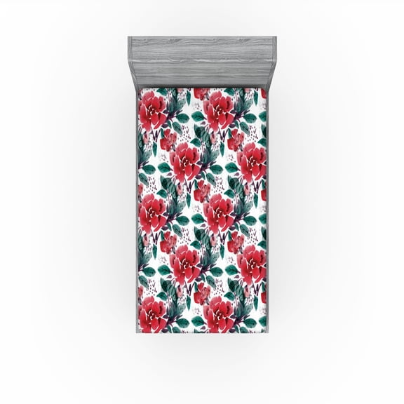 Ambesonne Floral Boho Fitted Sheet, Watercolor Flowers Rose, Twin Size, Dark Coral and Forest Green