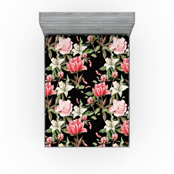 Ambesonne Floral Boho Fitted Sheet, Wild Jungle Lilac Peony, Queen Size, Dark Coral Fern Green