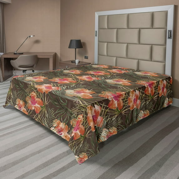 Ambesonne Floral Boho Flat Bedding Sheet Soft Top Sheet, Art of Tropical Flowers, California King, Pale Vermilion Jade Green