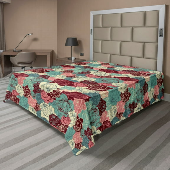 Ambesonne Floral Boho Flat Bedding Sheet Soft Top Sheet, Delicate Botany Flowers, California King, Pastel Pink Sea Green