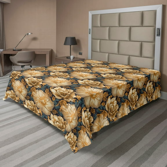 Ambesonne Floral Boho Flat Bedding Sheet Soft Top Sheet, Leafy Blooming Flowers, Queen, Dark Yellow Sea Blue