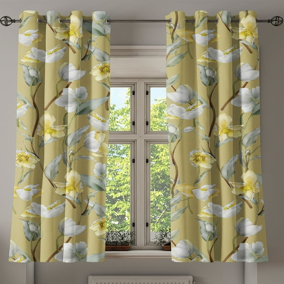 Ambesonne Floral Boho Grommet Curtain, Japanese Spring Floral, 50"x60", Pale Green Off White