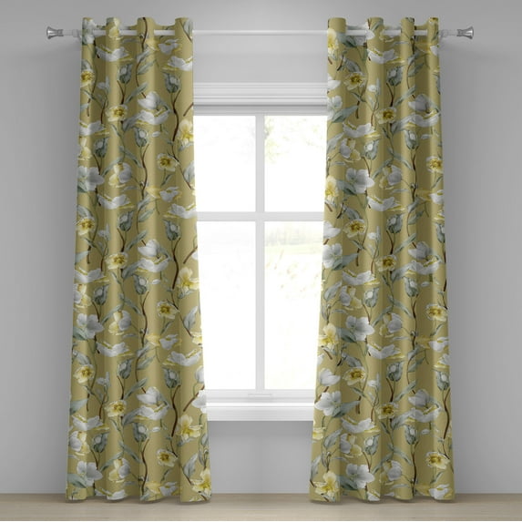 Ambesonne Floral Boho Grommet Curtain, Japanese Spring Floral, 50"x96", Pale Green Off White
