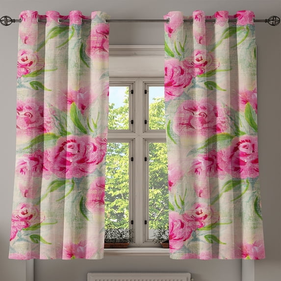 Ambesonne Floral Boho Grommet Curtain, Simple Blooming Roses, 50"x63", Fern Green Hot Pink