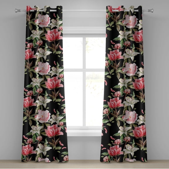 Ambesonne Floral Boho Grommet Curtain, Wild Jungle Lilac Peony, 50"x96", Dark Coral Fern Green
