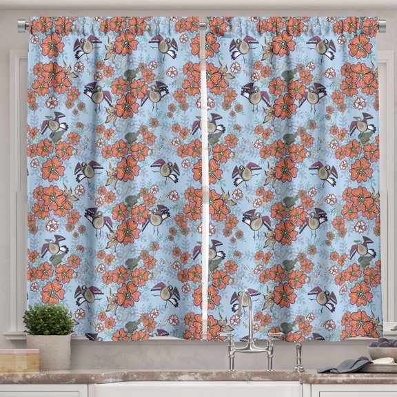 Ambesonne Floral Boho Kitchen Curtains, Chinese Style Floral, 55"x24", Burnt Sienna and Pale Blue