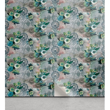 Ambesonne Floral Boho Peel & Stick Wallpaper for Home, Abstract Flowers Motif, 13"x36", Sea Blue Jade Green