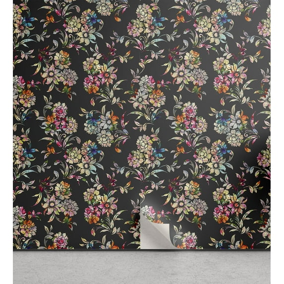 Ambesonne Floral Boho Peel & Stick Wallpaper for Home, Art Blooming Flowers, 13"x36", Dark Taupe Multicolor