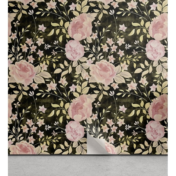 Ambesonne Floral Boho Peel & Stick Wallpaper for Home, Dreamy Flower Scene Art, 13"x36", Pastel Pink Avocado Green