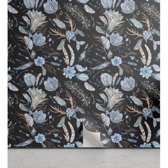 Ambesonne Floral Boho Peel & Stick Wallpaper for Home, Flowers Fantasy Print, 13"x36", Slate Blue Pale Mustard
