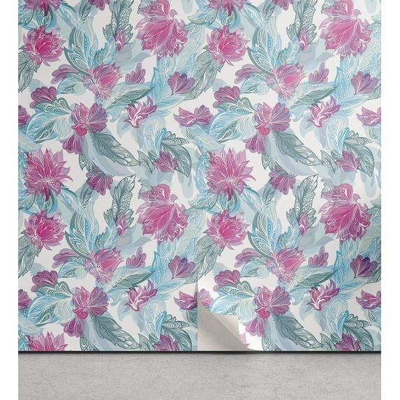 Ambesonne Floral Boho Peel & Stick Wallpaper for Home, Flowers Feathers Plot, 13"x100", Pale Purple Grey and Blue