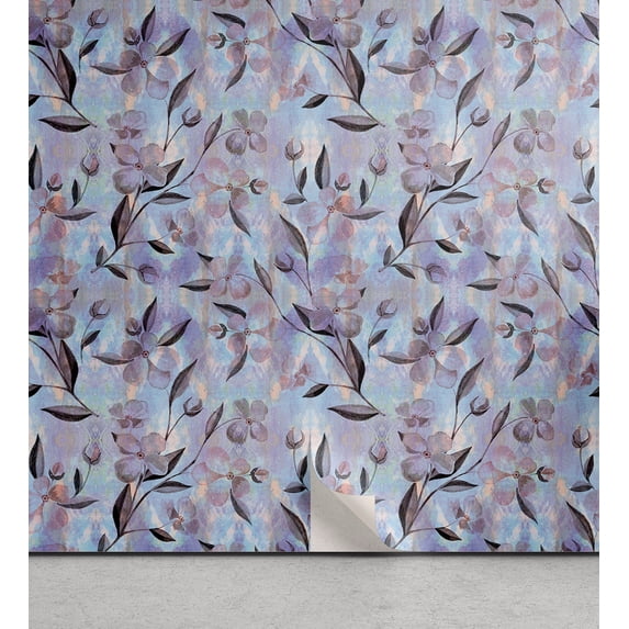 Ambesonne, Floral Boho Peel & Stick Wallpaper for Home, Flowers Pattern Spring, 13"x36", Pale Ceil Blue and Lavender